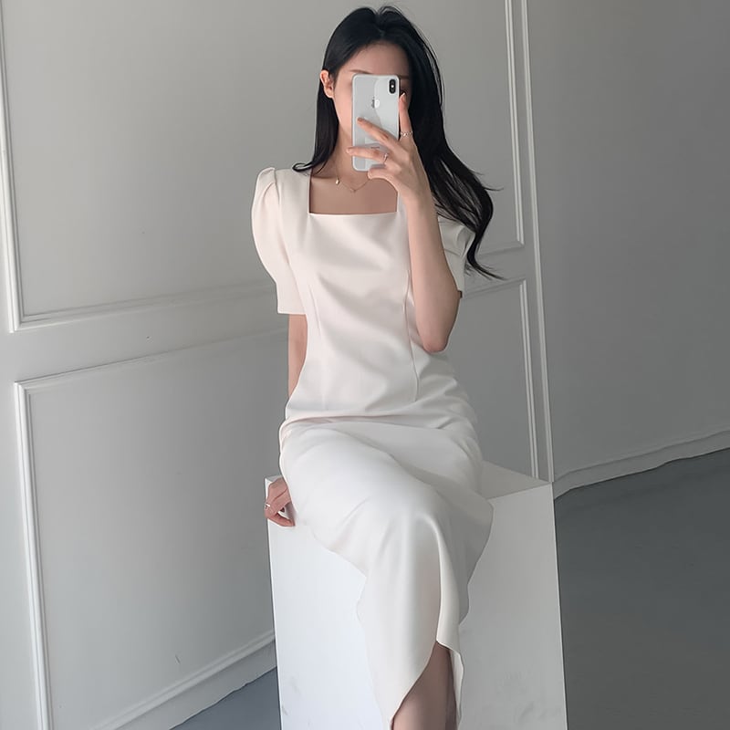 【dress】韓国風着痩せスクエアネックパフスリーブスリット気質満点ワンピース