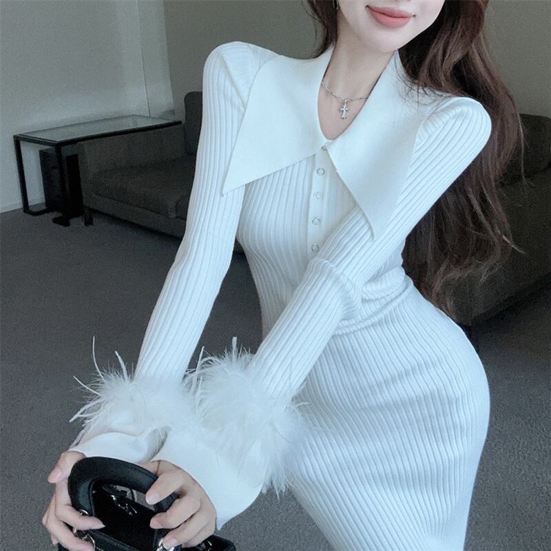【dress】袖ファーニットワンピース Q7123