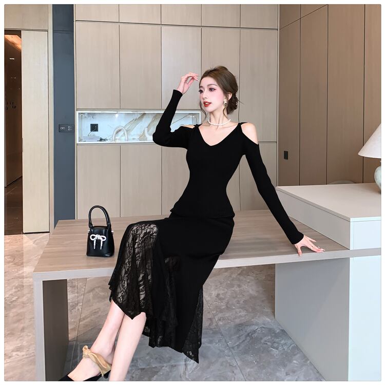 【dress】レースドッキングニットワンピース　M28023