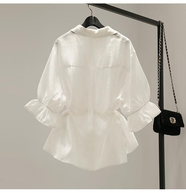 【tops】Vネック美人度アップ!韓国系夏ルーズスウィートフリルシフォンシャツ
