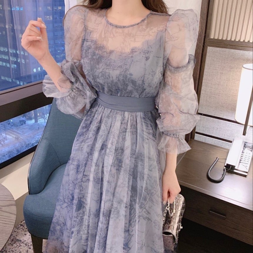 【dress】パフスリーブチュールワンピース　M30144