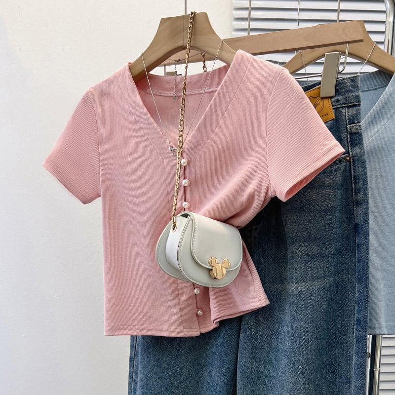 【tops】パールボタンVネックTシャツG21041