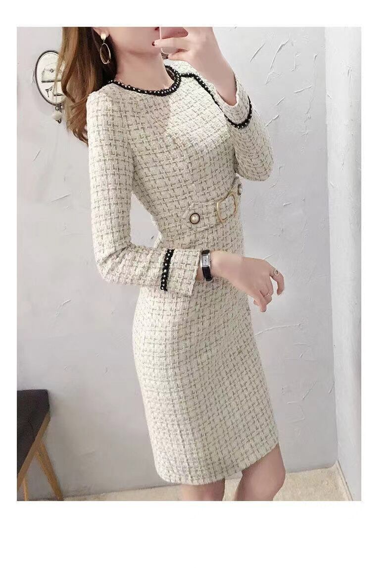 【dress】細身効果抜群♪ラウンドネック長袖韓国ファッションチェック柄OL通勤ボディラインワンピースF1540