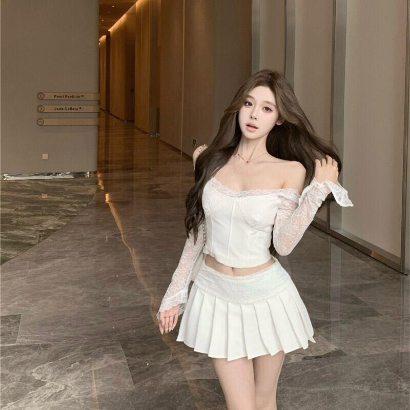 【set】レースドッキングトップス×プリーツスカートセット　M29435