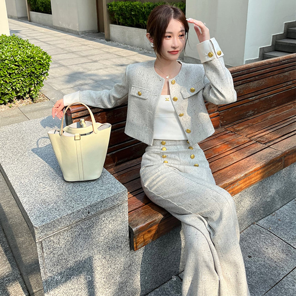 【set】ノーカラーショートジャケット×ワイドパンツセット    N2724