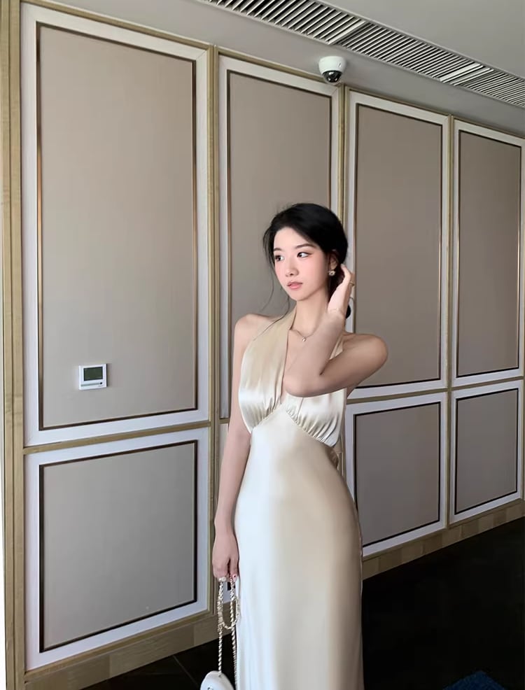 【dress】ノースリーブホルターネックロングワンピース Q7992