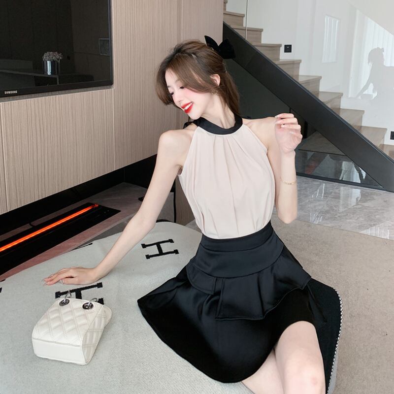 【set】リボン付きノースリーブトップス×ティアードスカートセット Q8354
