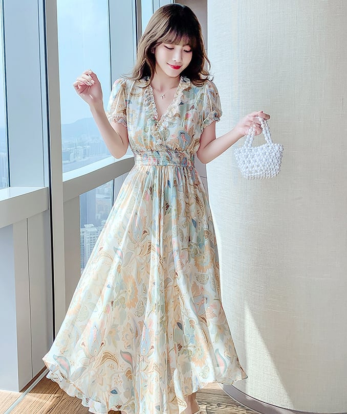 【dress】好感度満載！Vネック半袖夏海旅行シフォン花柄配色ワンピース F0343