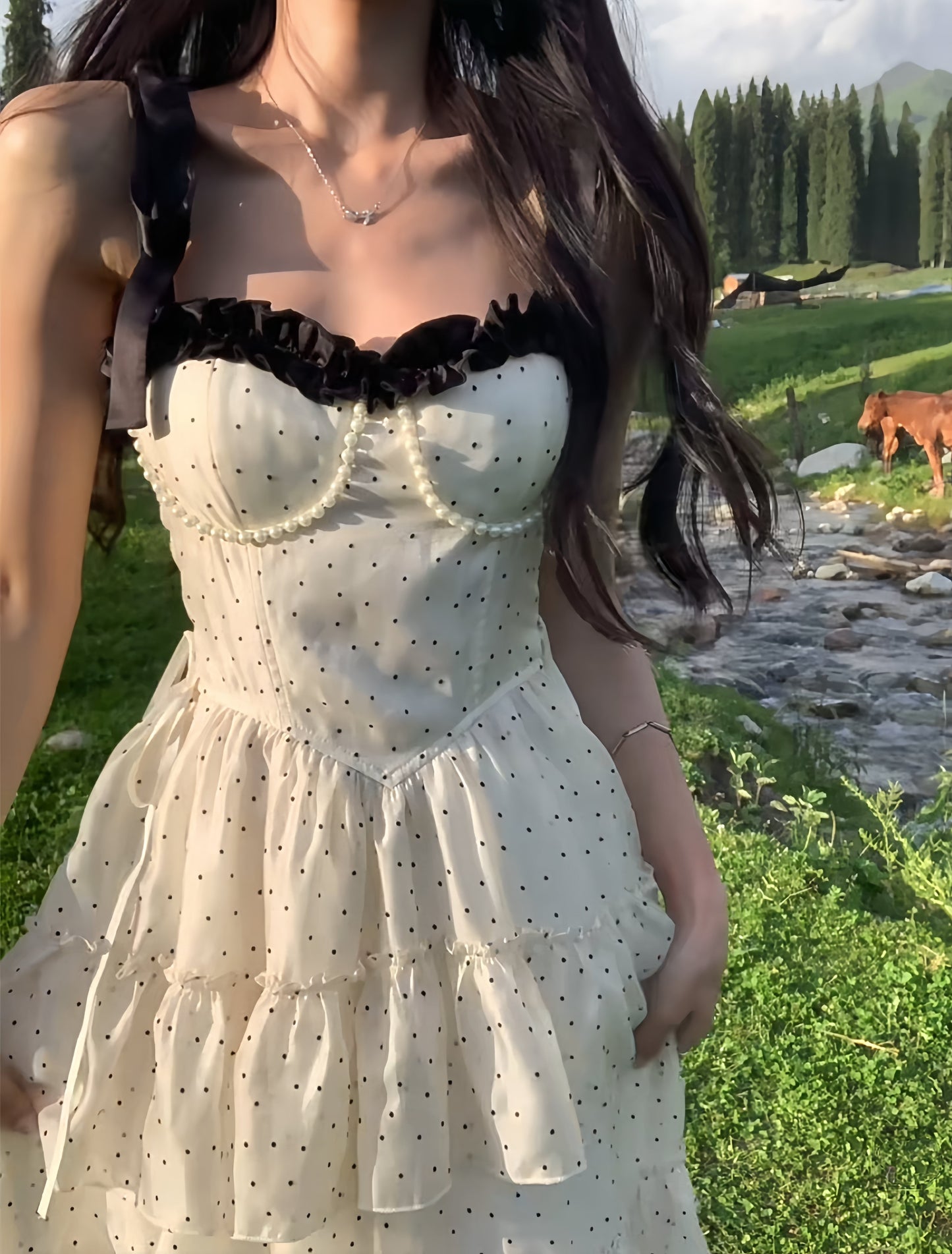 【dress】ショルダーリボンドット柄ワンピース　M32122