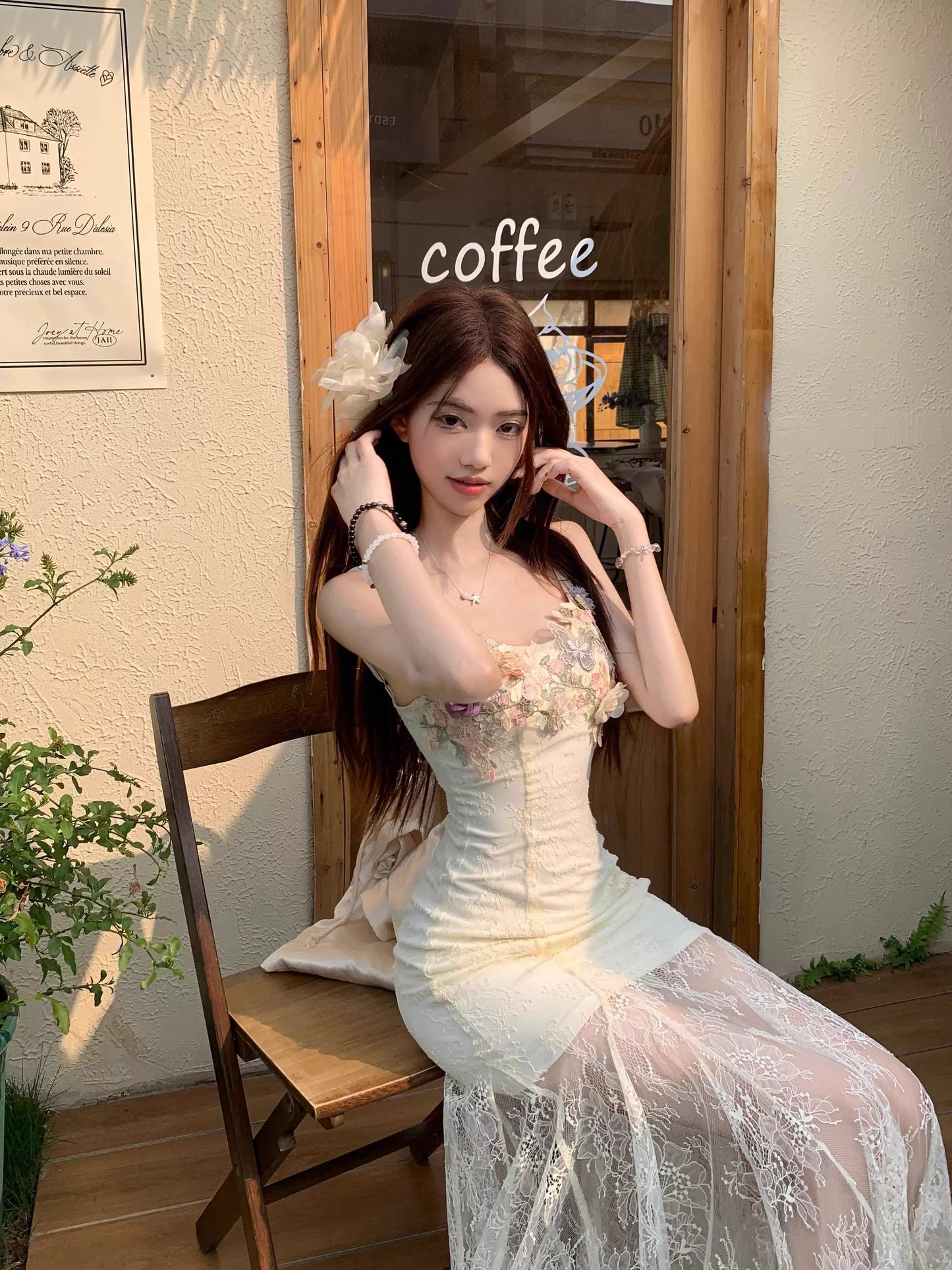 【dress】フラワー付きチュールドッキングロングキャミワンピース Q8259