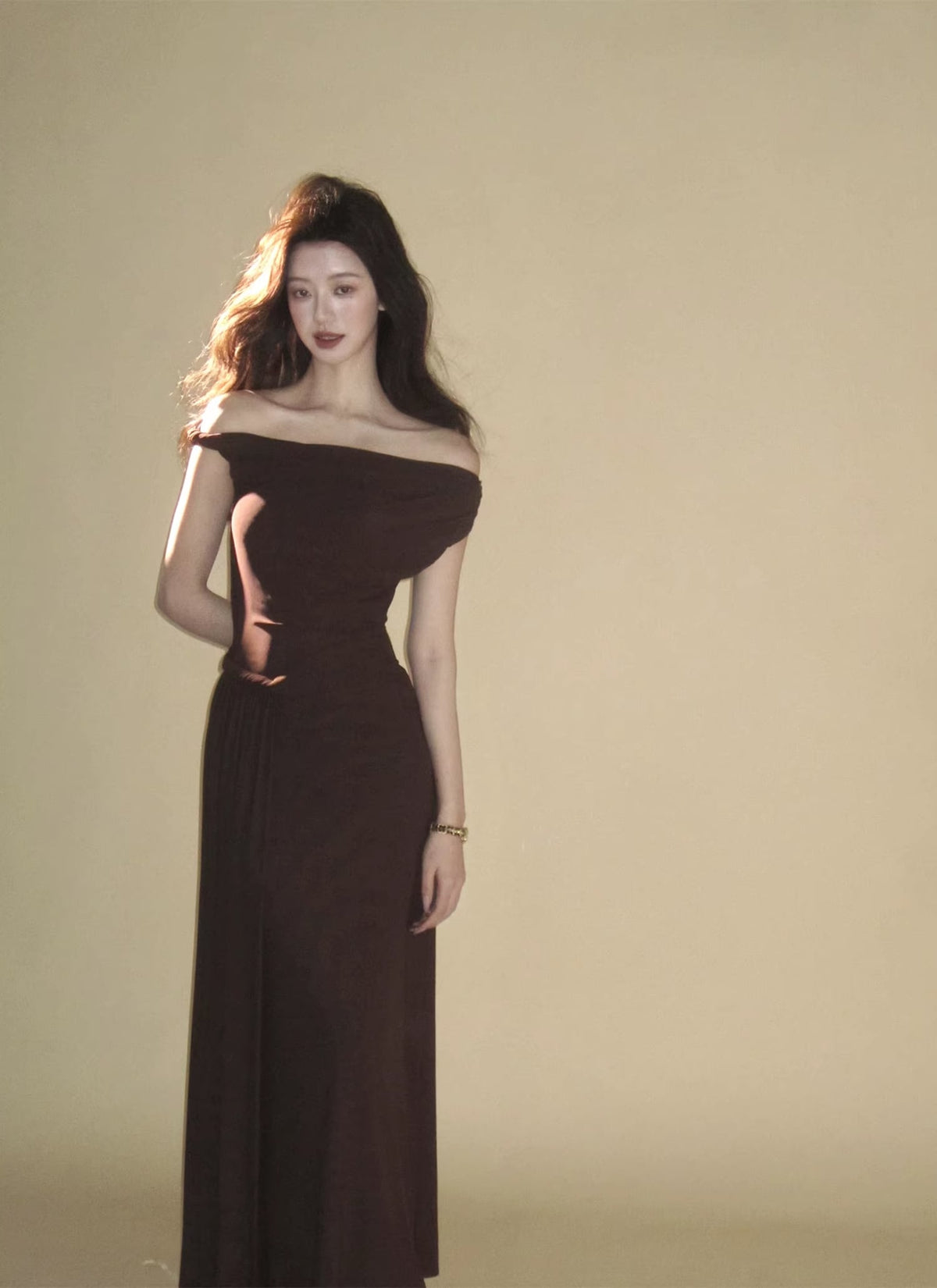【dress】オフショルダーチュールロングワンピース Q8378