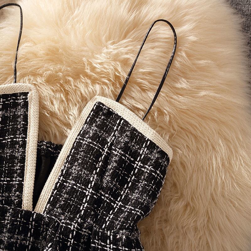 【set】店長推薦秋冬新作無地着やせセーター+チェック柄ベスト+ビーズ飾りタイトスカート通勤日常3点セットF0999