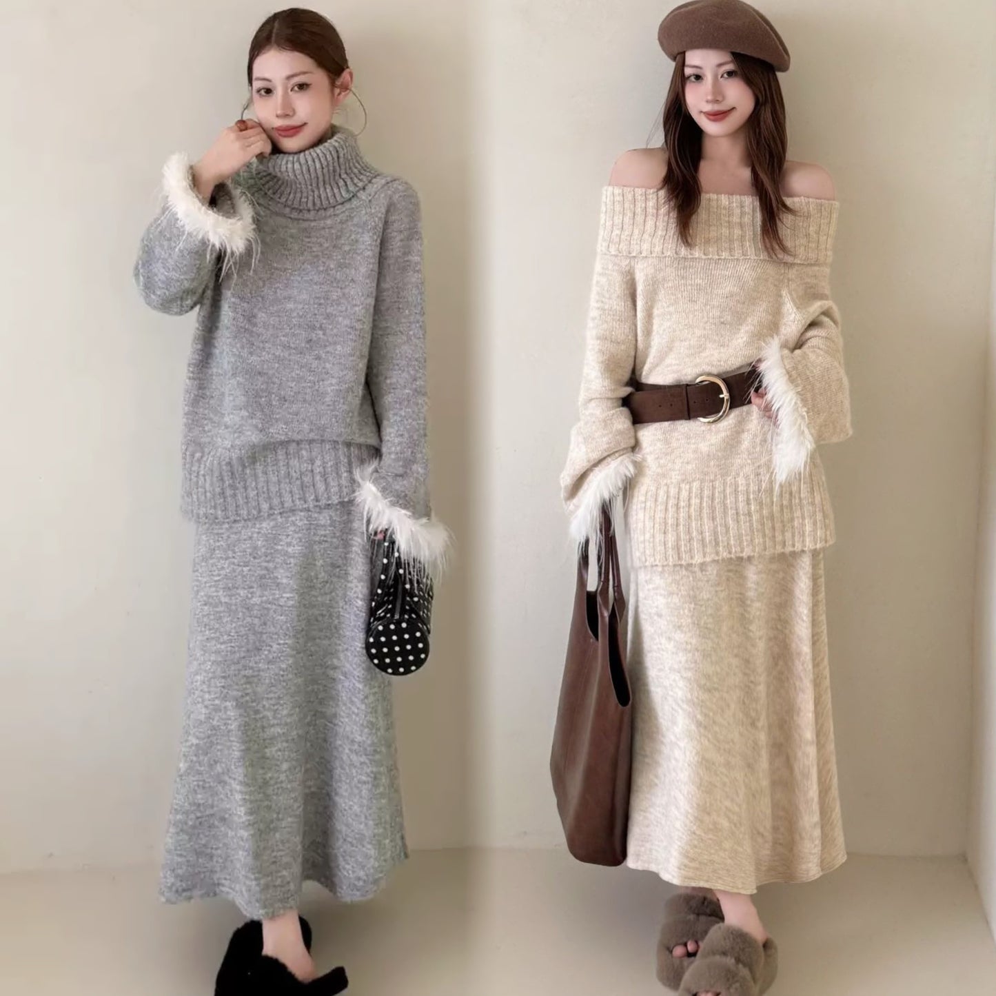 【set】2WAY袖ファーニットトップス×ロングスカートセット Q7279