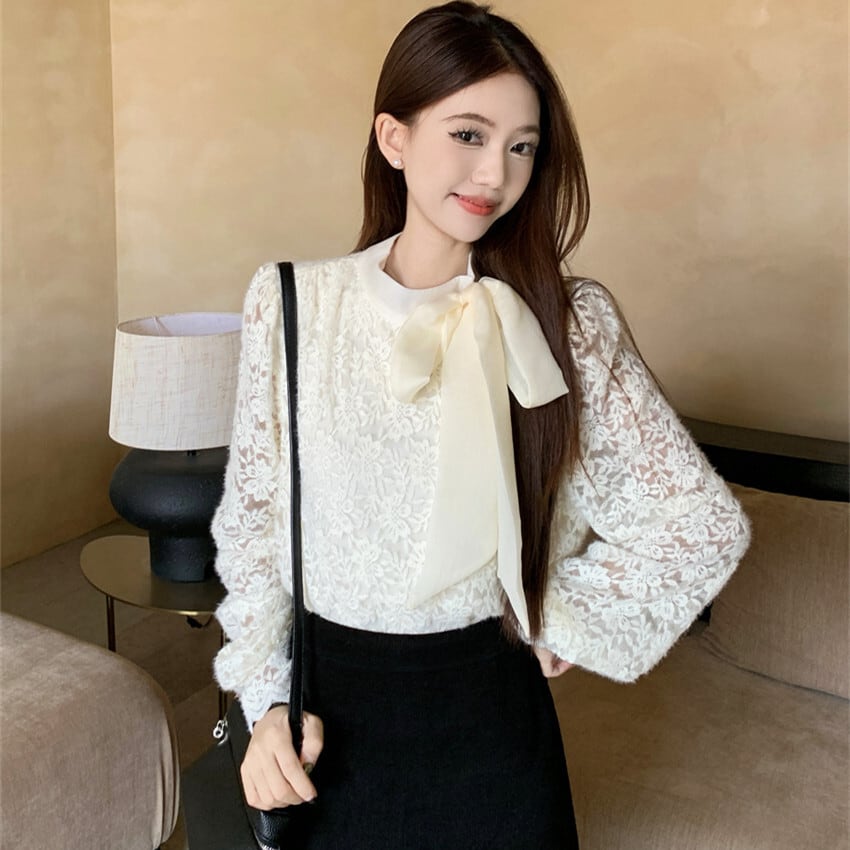【tops】リボン付き裹起毛レーストップス　M28380