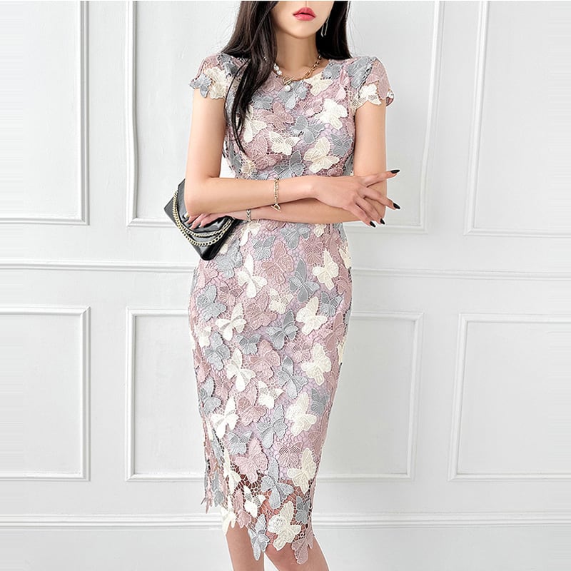 【dress】ノースリーブレース蝶柄ワンピース Q8426