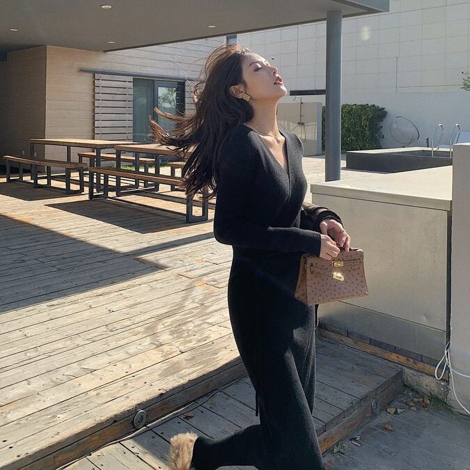 【dress】好感度UP!気質満点デザインフランス風シンプルVネックニットワンピース G2822