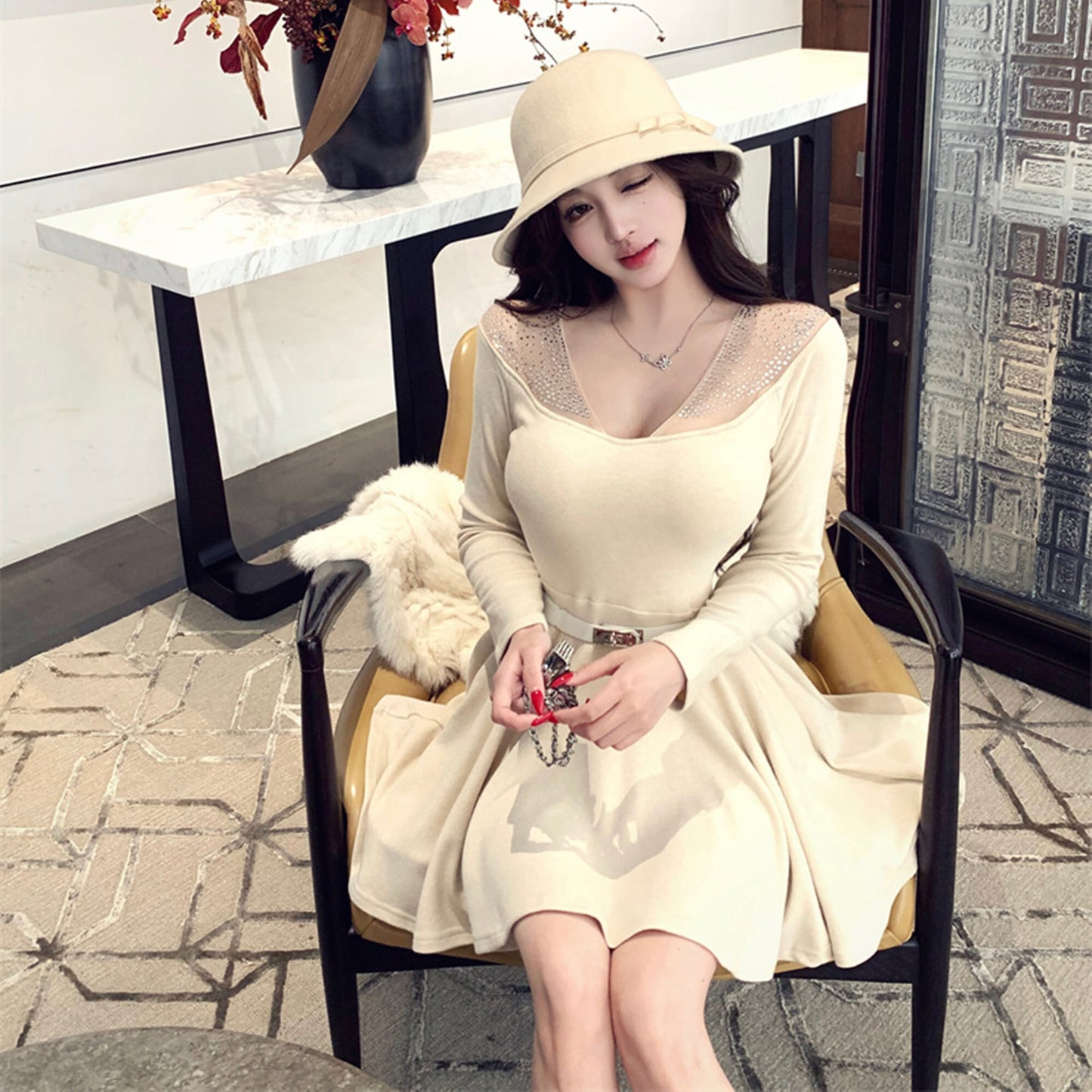 【dress】ラインストーンチュールニットミニワンピース　N3508
