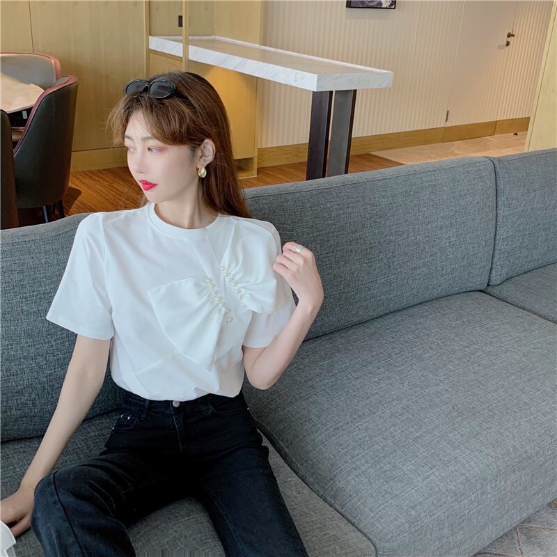 【tops】女性力を高める〜ラウンドネック半袖蝶々結び無地ゆったり着回しTシャツ