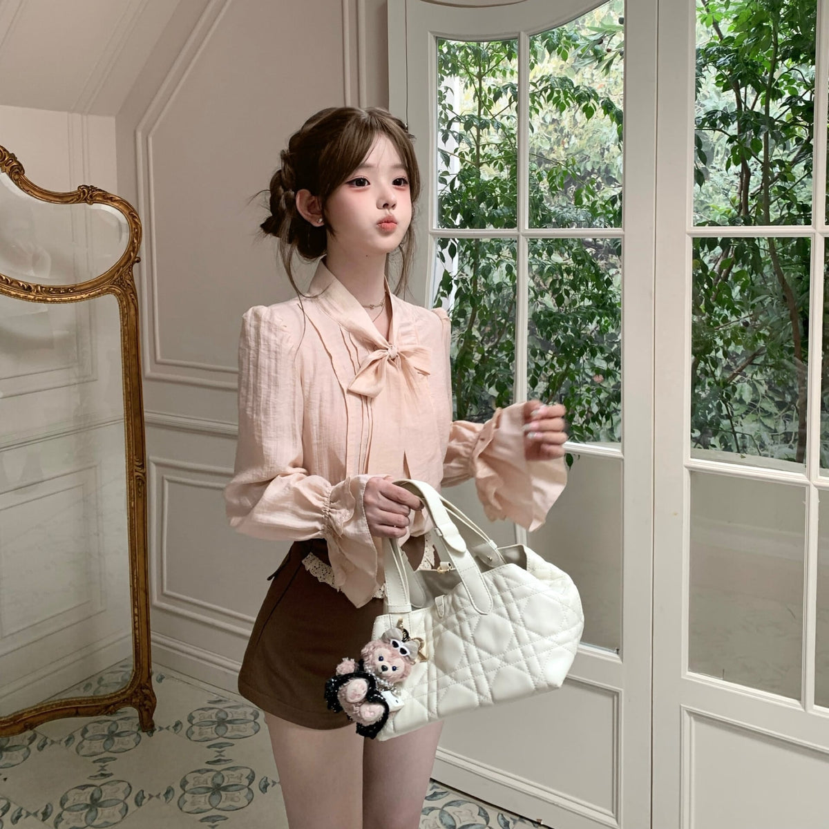 【set】リボンブラウス×バルーンサロペットショートパンツセット     N3350