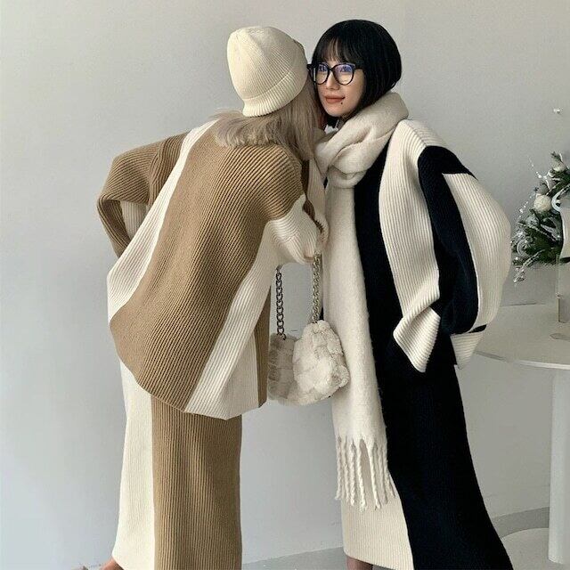 【set】ハイネックセーター+スカート配色２点セット F6295