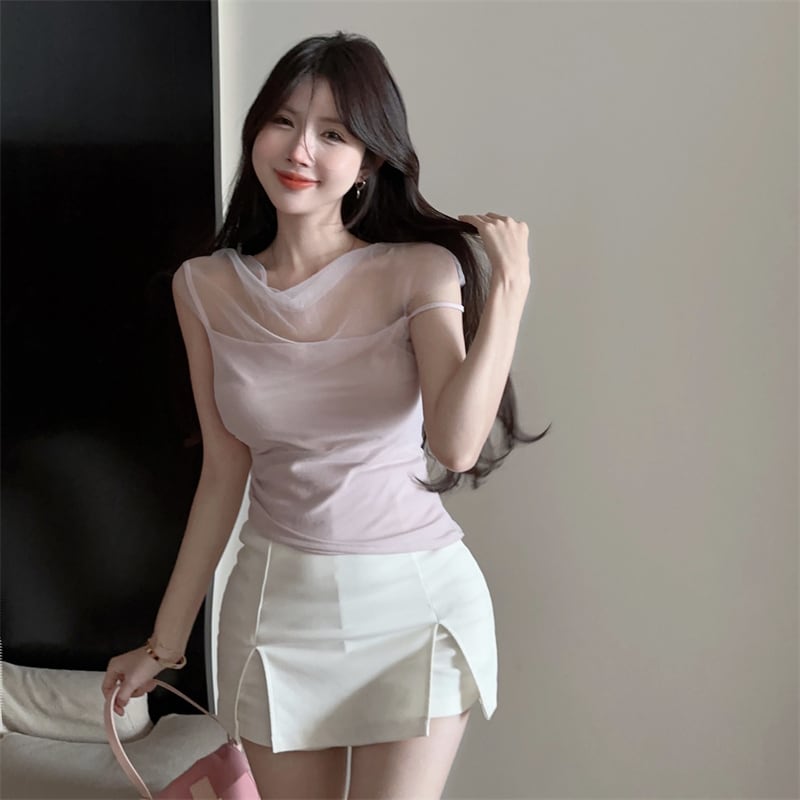 【tops】チュール切り替えTシャツ　M25193