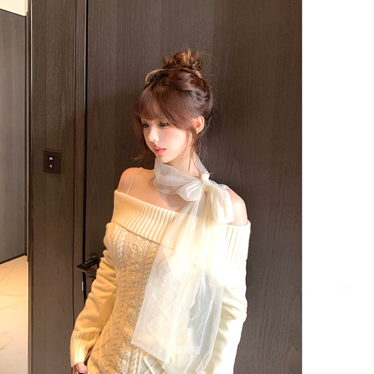 【dress】チュールドッキングリボンニットワンピースF8471