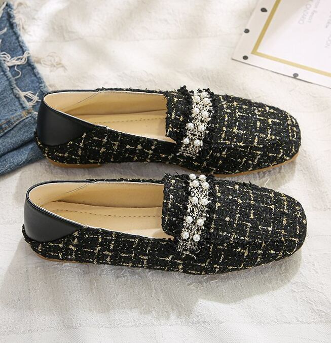 【shoes】今季大好評秋新作2色履きやすい美脚魅せチェック柄ビーズ飾りフラットシューズF0978