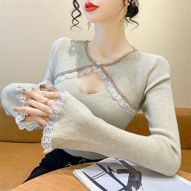 【tops】ビジューレース切り替えニットトップス　M27966