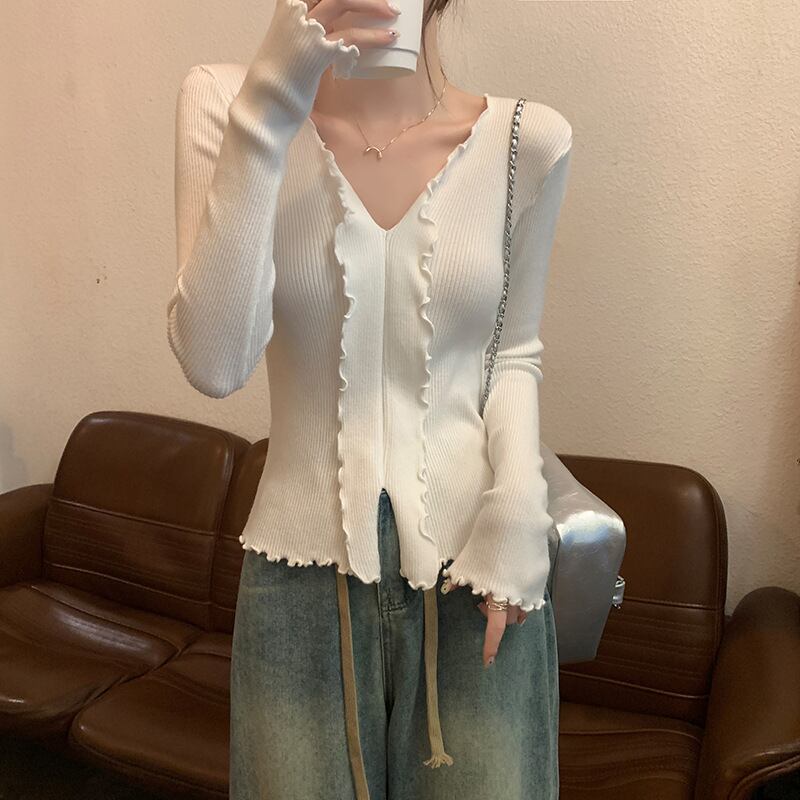 【tops】Vネックフリルニットトップス　M18839