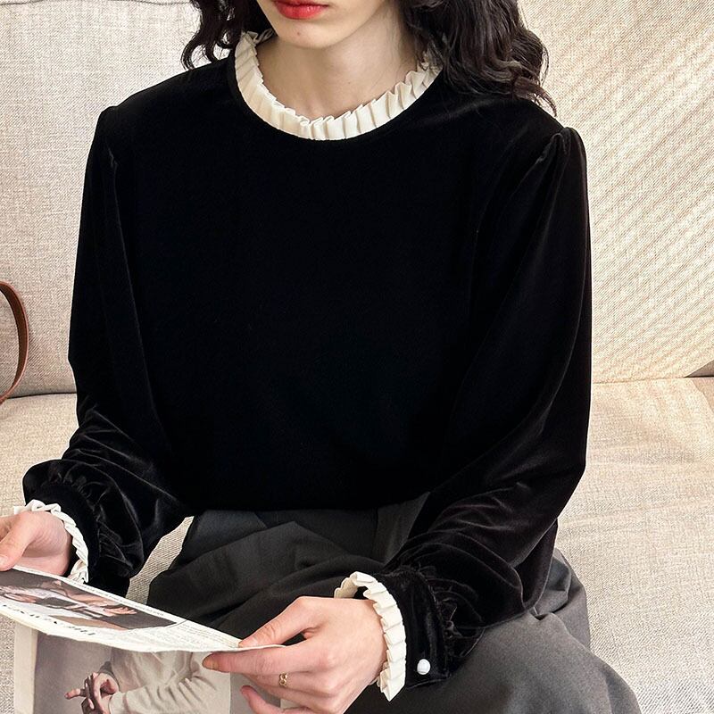 【tops】フェイクレイヤードベルベットトップス Q6964