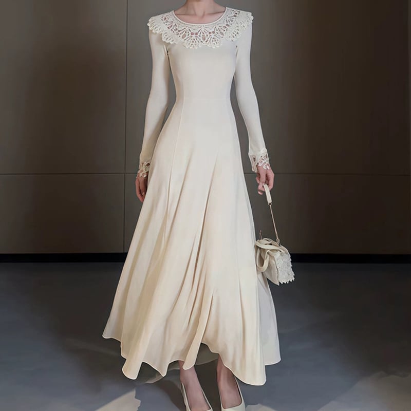 【dress】カットワークレースドッキングロングワンピース Q7349