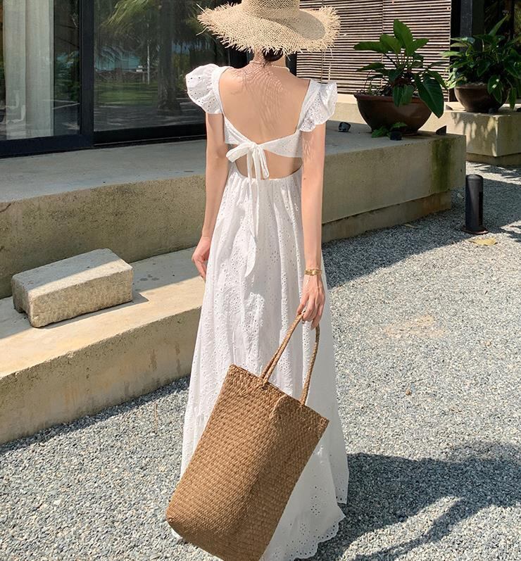 【dress】Vネック透かし彫り海旅行ワンピースF6080