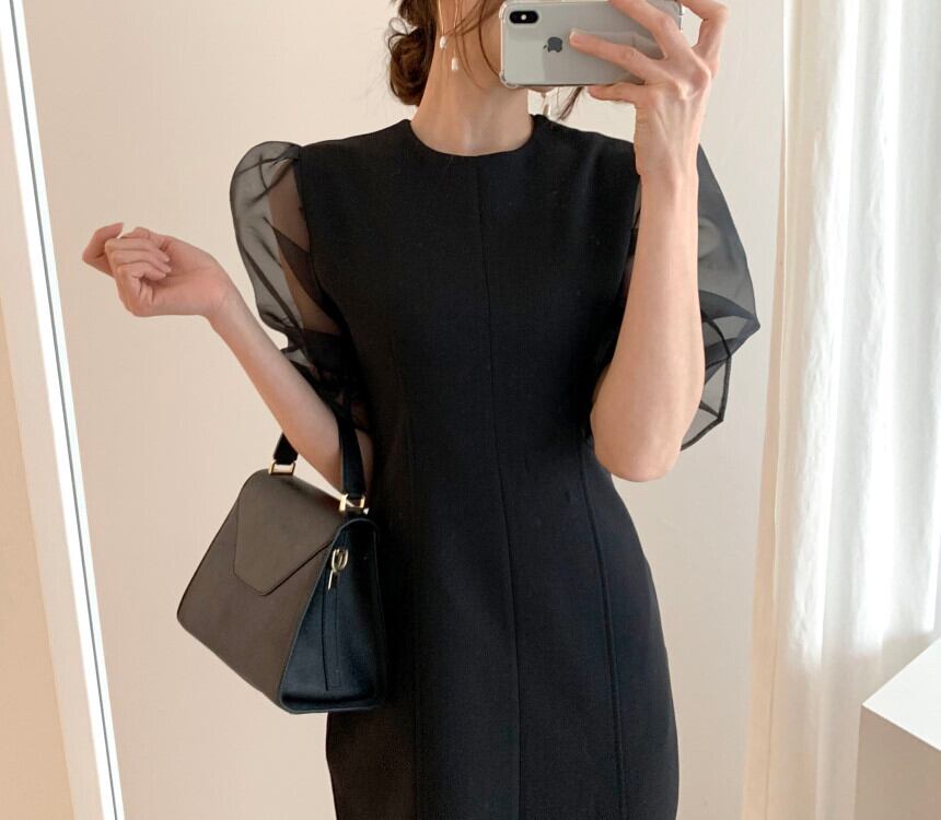 【dress】韓国風 気質満点ラウンドネックパフスリーブシフォン切り替えワンピース