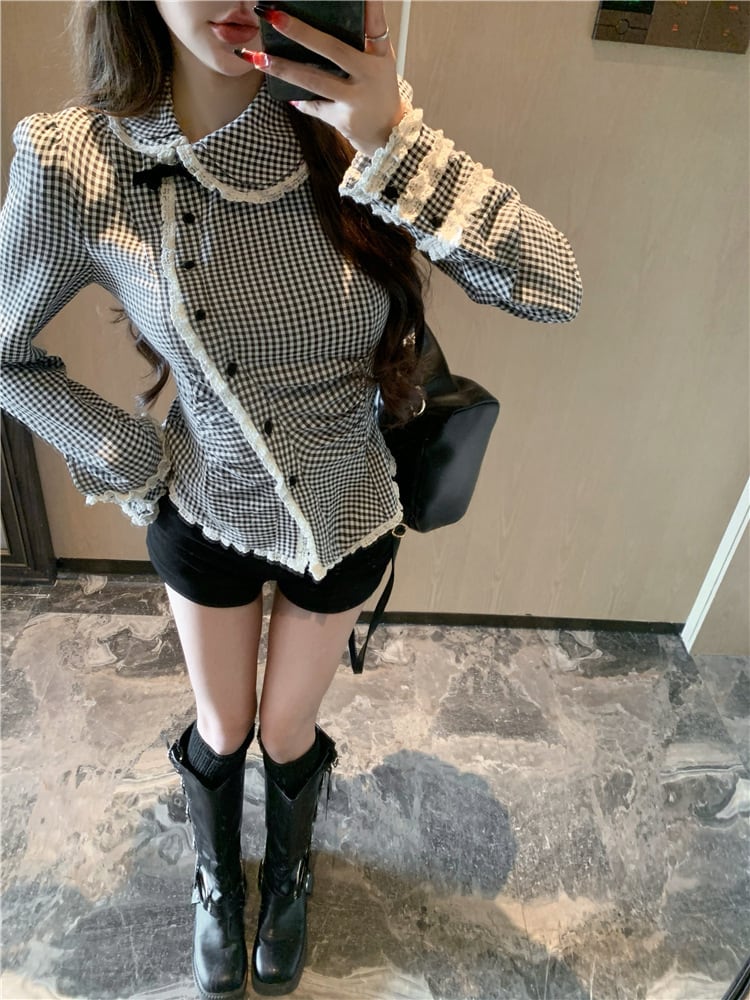 【tops】裹起毛チェック柄シャツトップス　M28587
