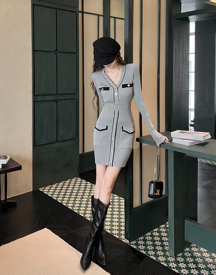 【dress】Vネックタイトニットワンピース Q6776