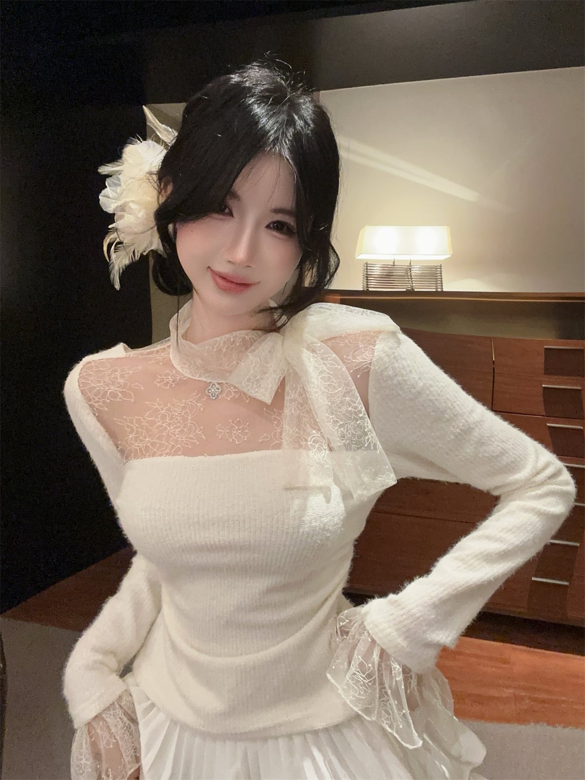 【tops】レースドッキングニットトップス　N2909