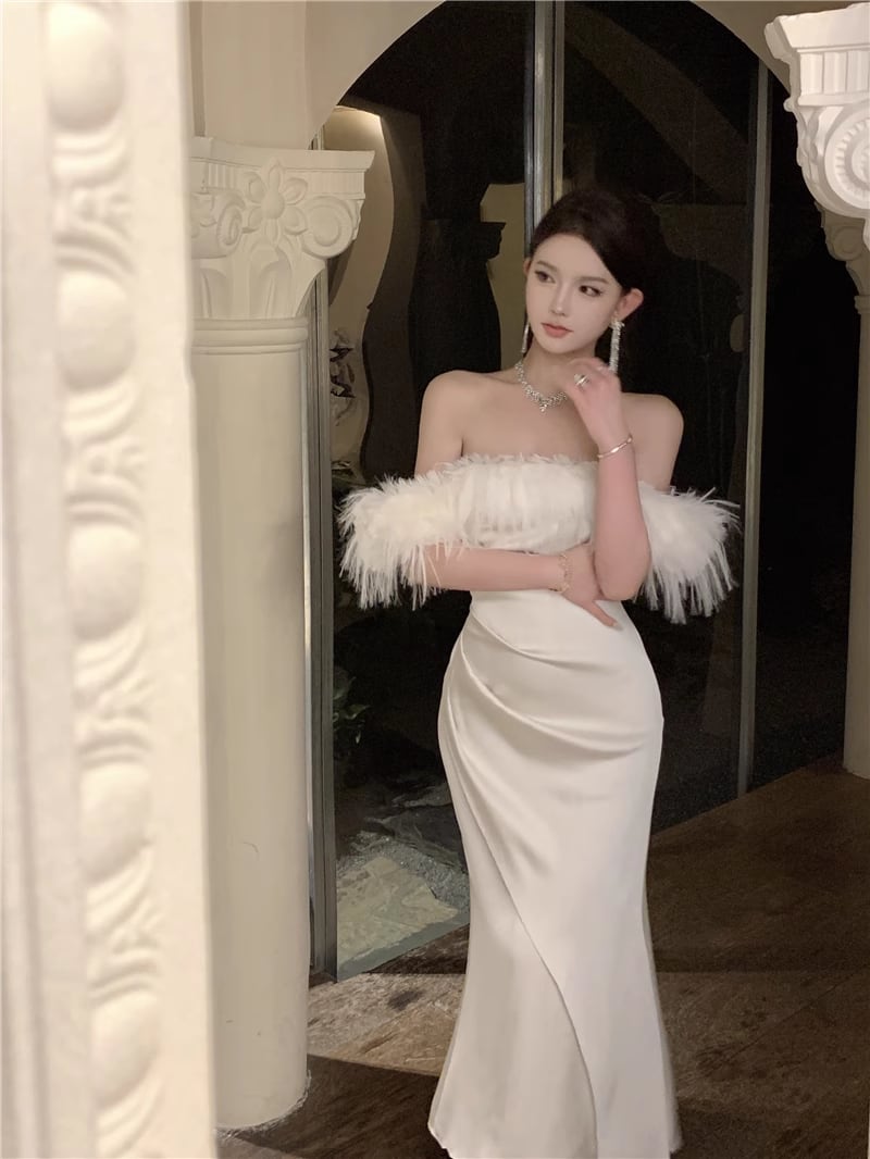 【dress】ファー付きオフショルダーワンピース Q7632