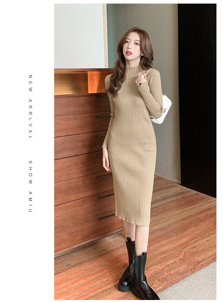 【dress】一目惚れ！2色ハーフネック長袖着やせ体型カバー無地ニットワンピースF1624