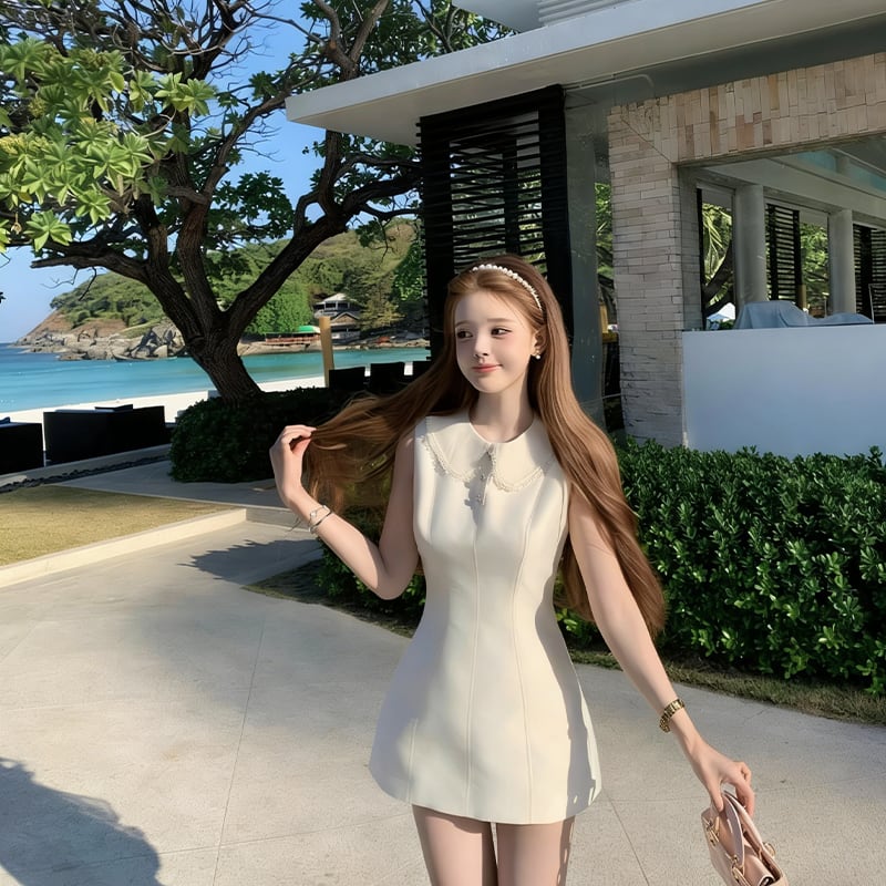 【dress】バックリボンレースドッキングミニワンピース Q8390