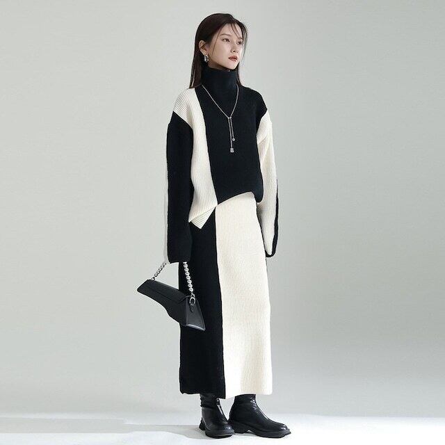 【set】ハイネックセーター+スカート配色２点セット F6295