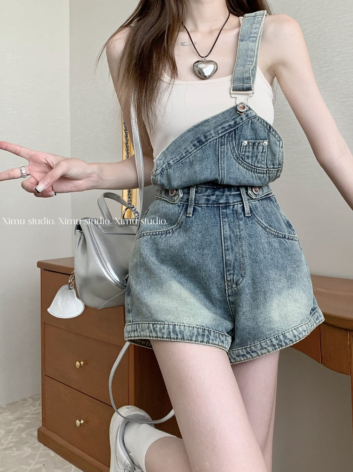 【set】デニムサロペットショートパンツ　M24273