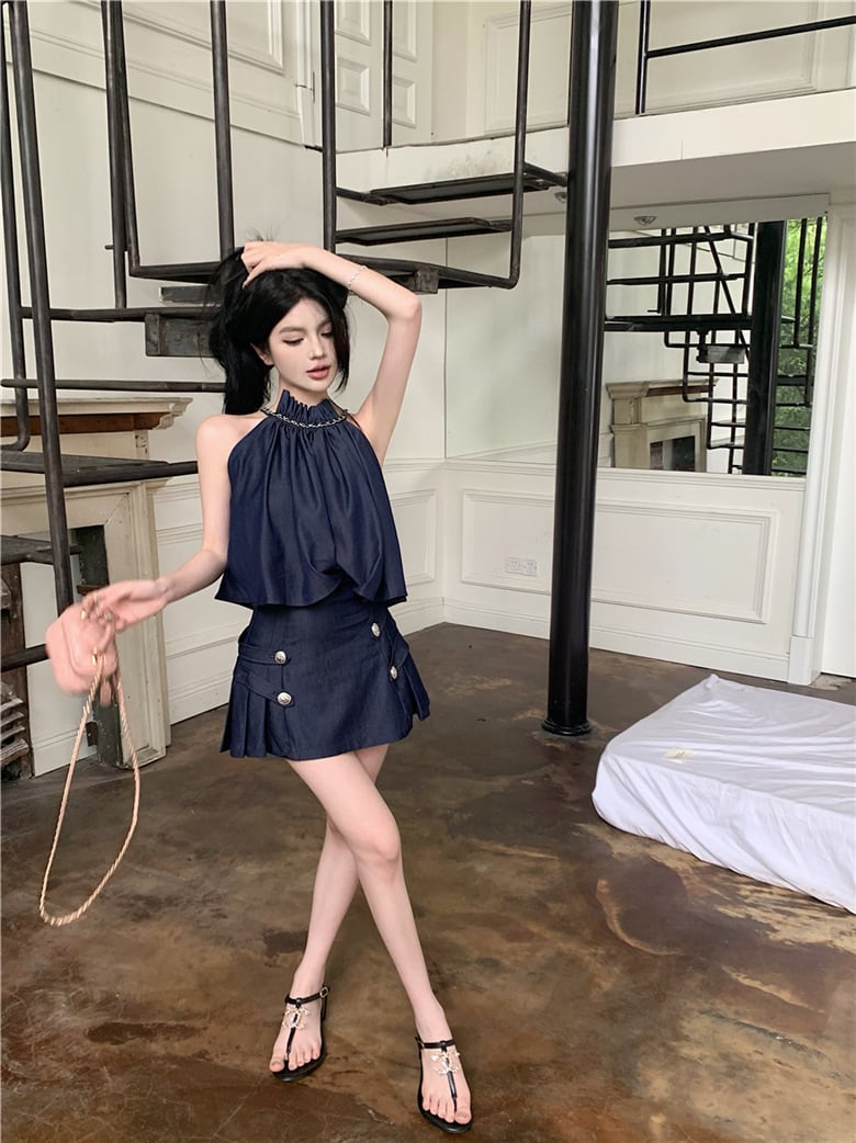 【set】デニムキャミソール+ギャザースカート２点セットG21347