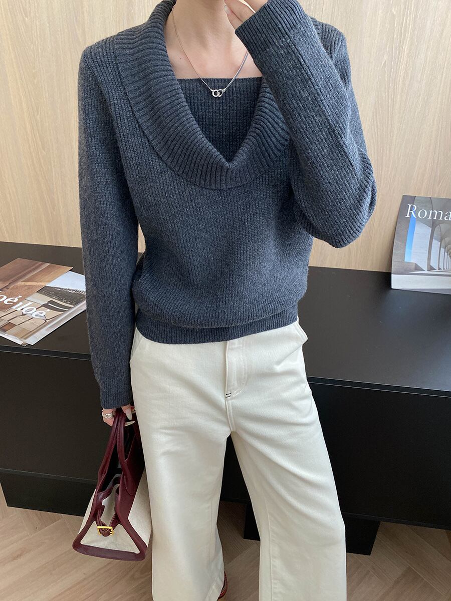 【tops】5色展開ドレープドネックニットトップス Q7379