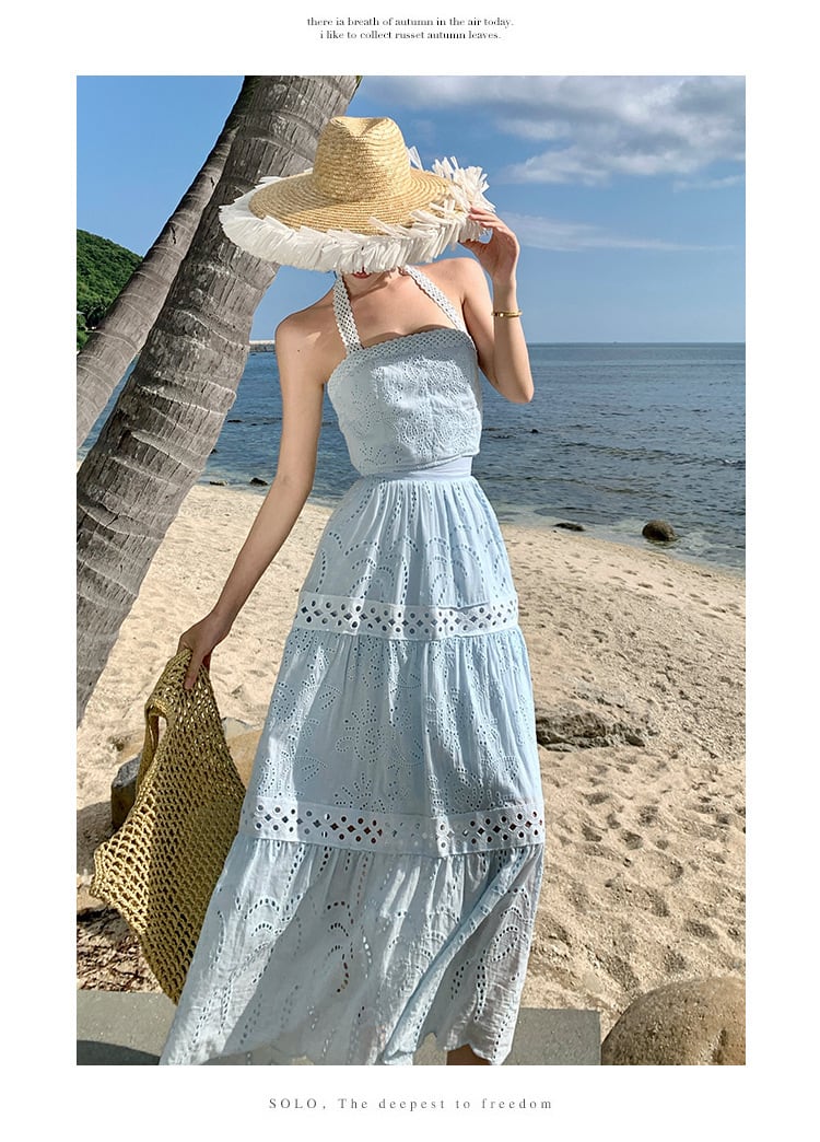 【dress】刺繍ホルターネックカットワークワンピース　M30102