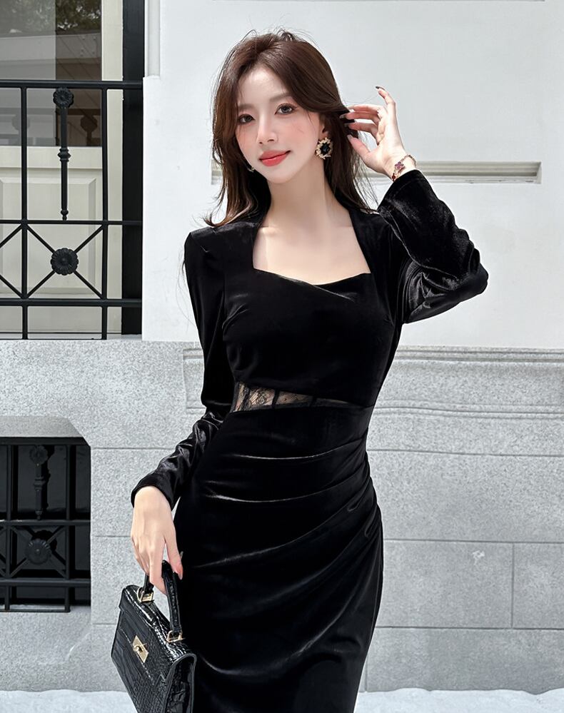 【dress】スクエアネックレースドッキングロングワンピース Q7286