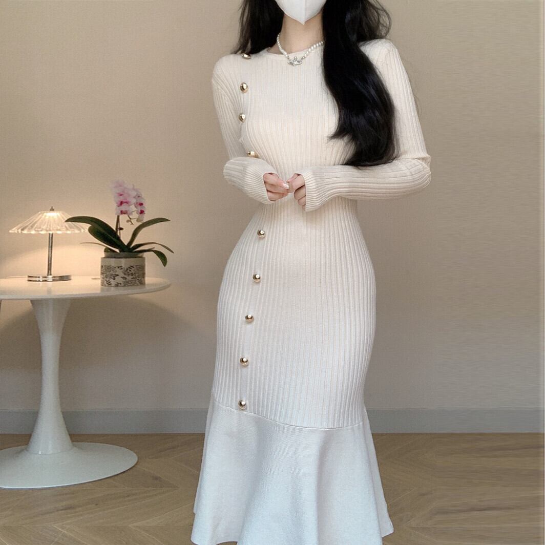 【dress】ボタンデザインマーメイドニットワンピース　M18048