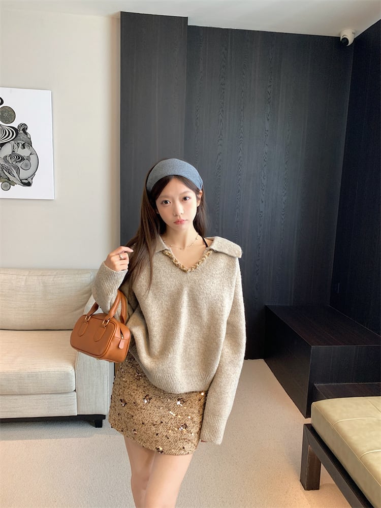 【set】Ⅴネックニットトップス×スパンコールスカートセット　M28146