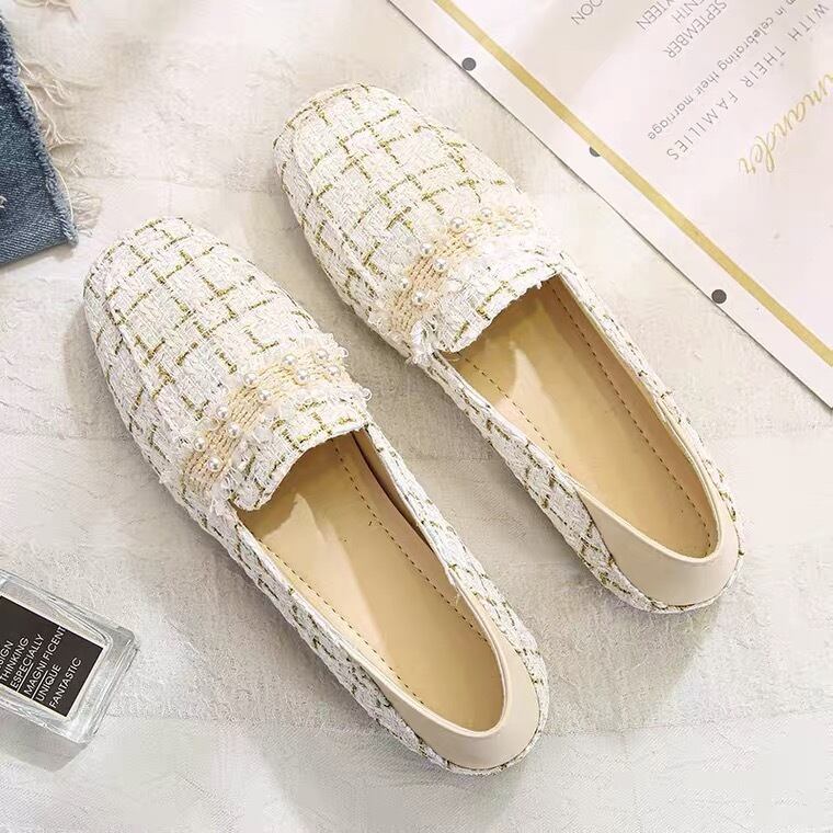 【shoes】今季大好評秋新作2色履きやすい美脚魅せチェック柄ビーズ飾りフラットシューズF0978