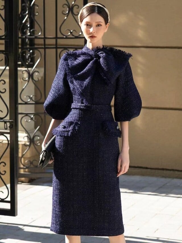 【dress】フレアスリーブレース切替ワンピースF7041