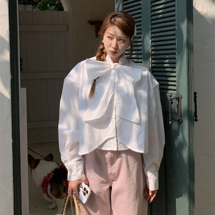 【tops】リボン付きシャツブラウス　M29818